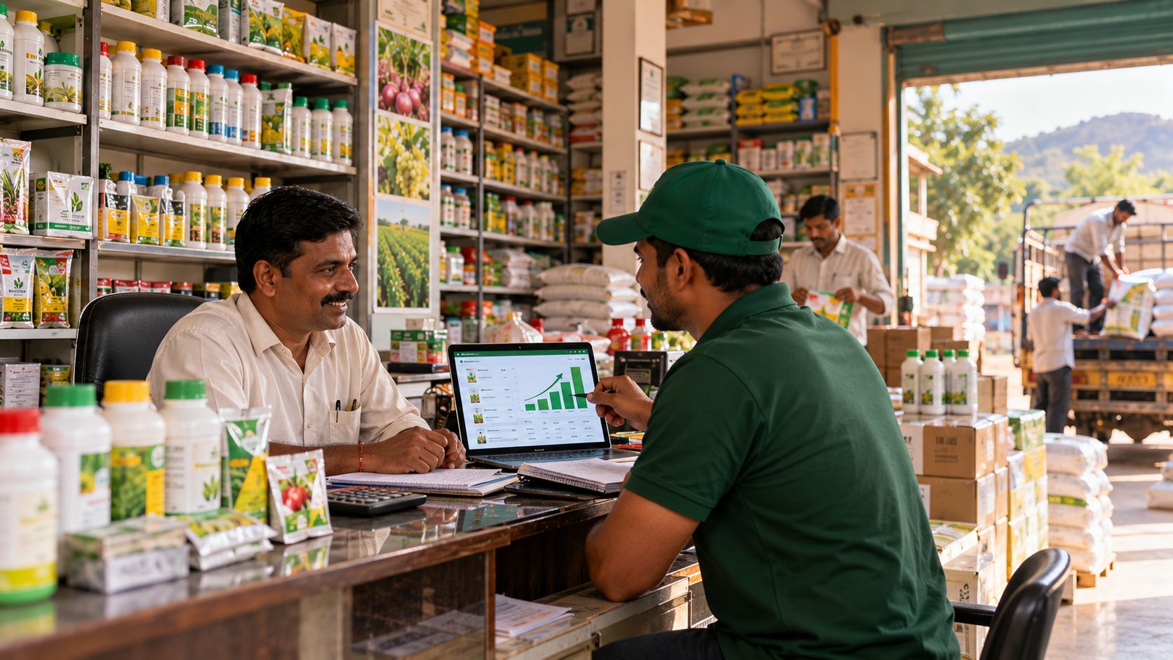 An agri-input dealer at his shop counter reviews orders on a laptop with an Aapla Shetkari team member
