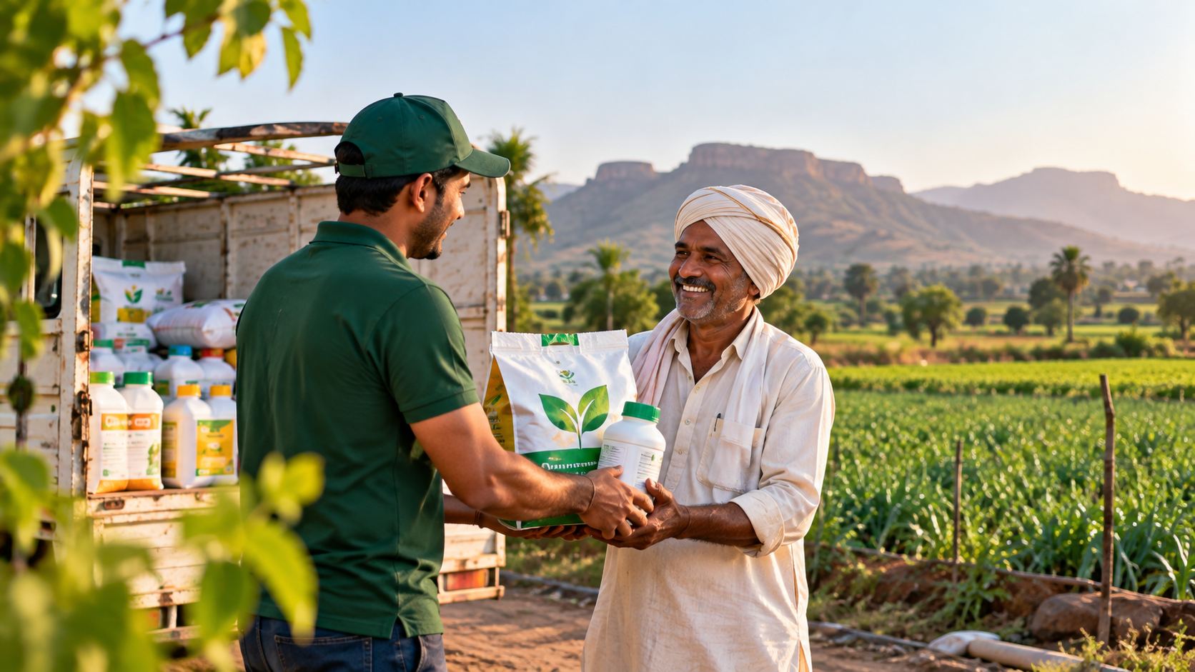 A delivery partner hands a bag of fertiliser and a bottle of crop protection to a smiling farmer beside his field