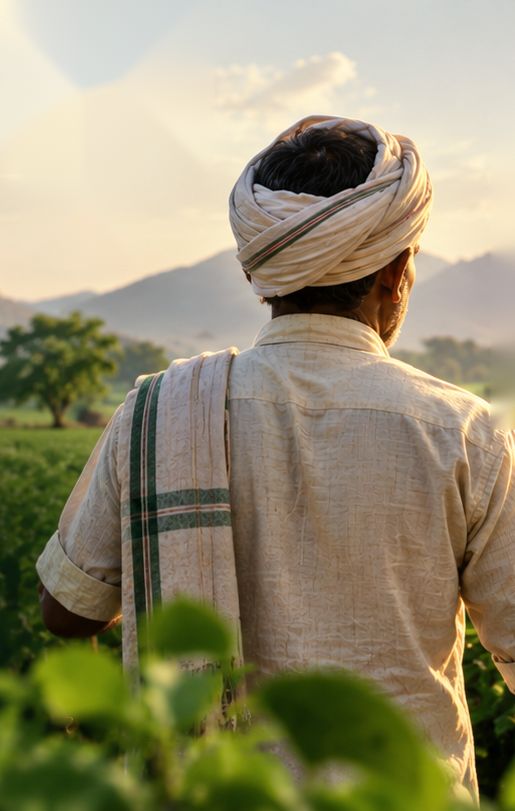 A farmer in a white pheta looks out over his green fields at sunrise, hills in the distance
