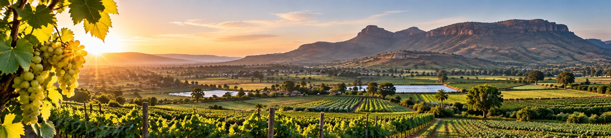 Vineyards and green fields below the flat-topped Sahyadri hills at sunrise