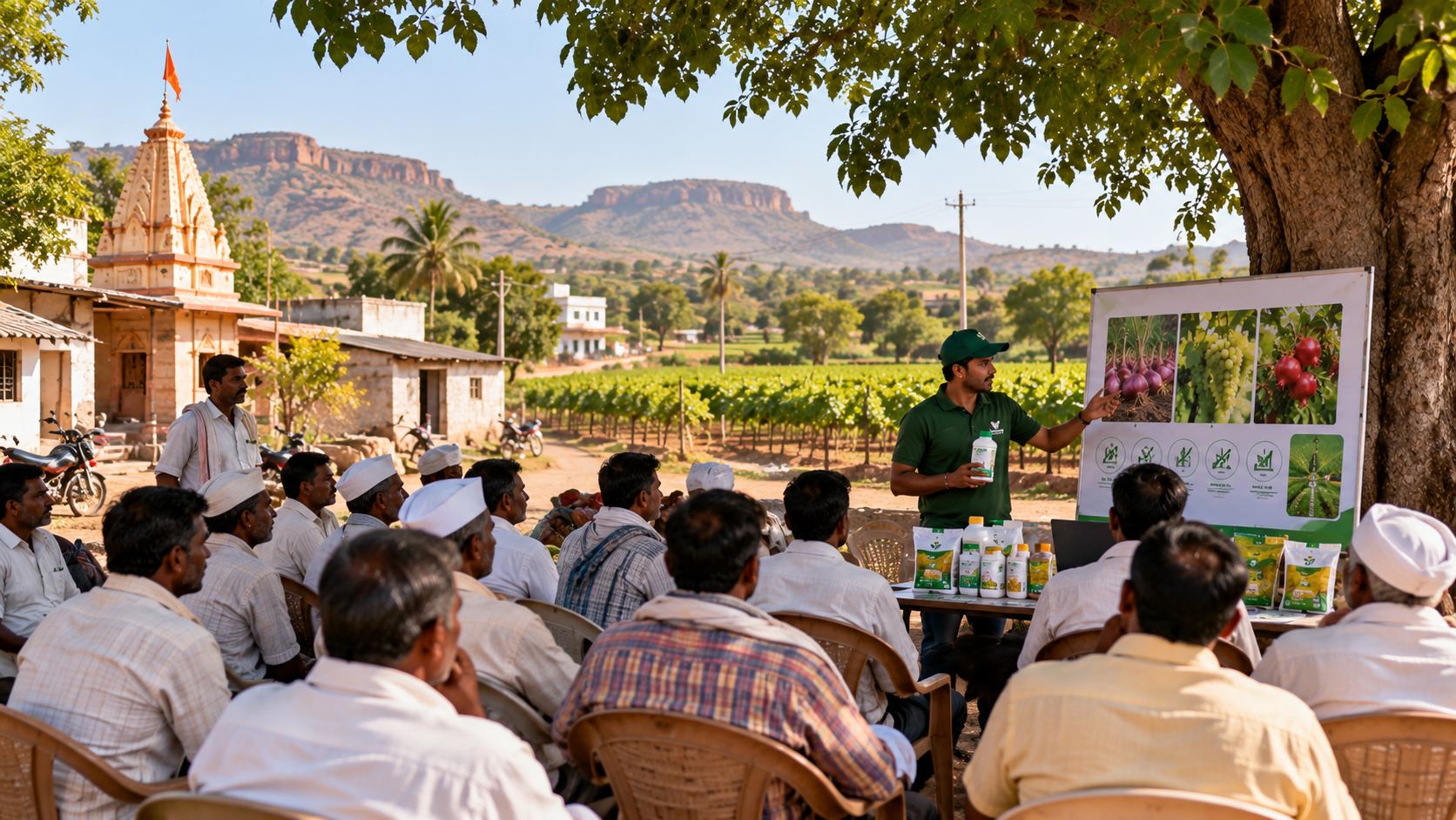Farmers seated under a tree near the village temple listen to an Aapla Shetkari team member explain crop inputs